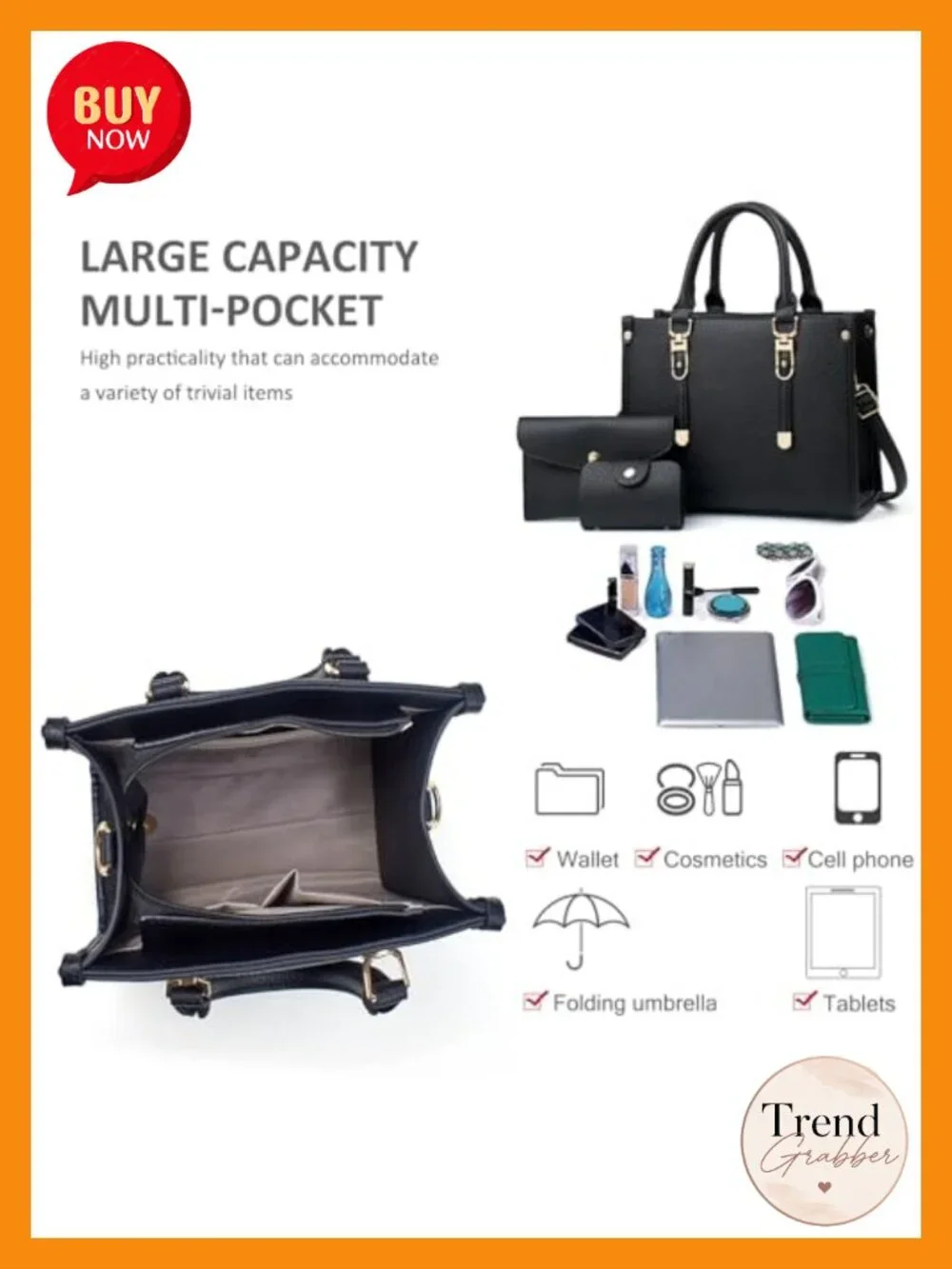 3-Piece PU Leather Top-Handle Handbag Set with Clutch & Shoulder Bags Tote